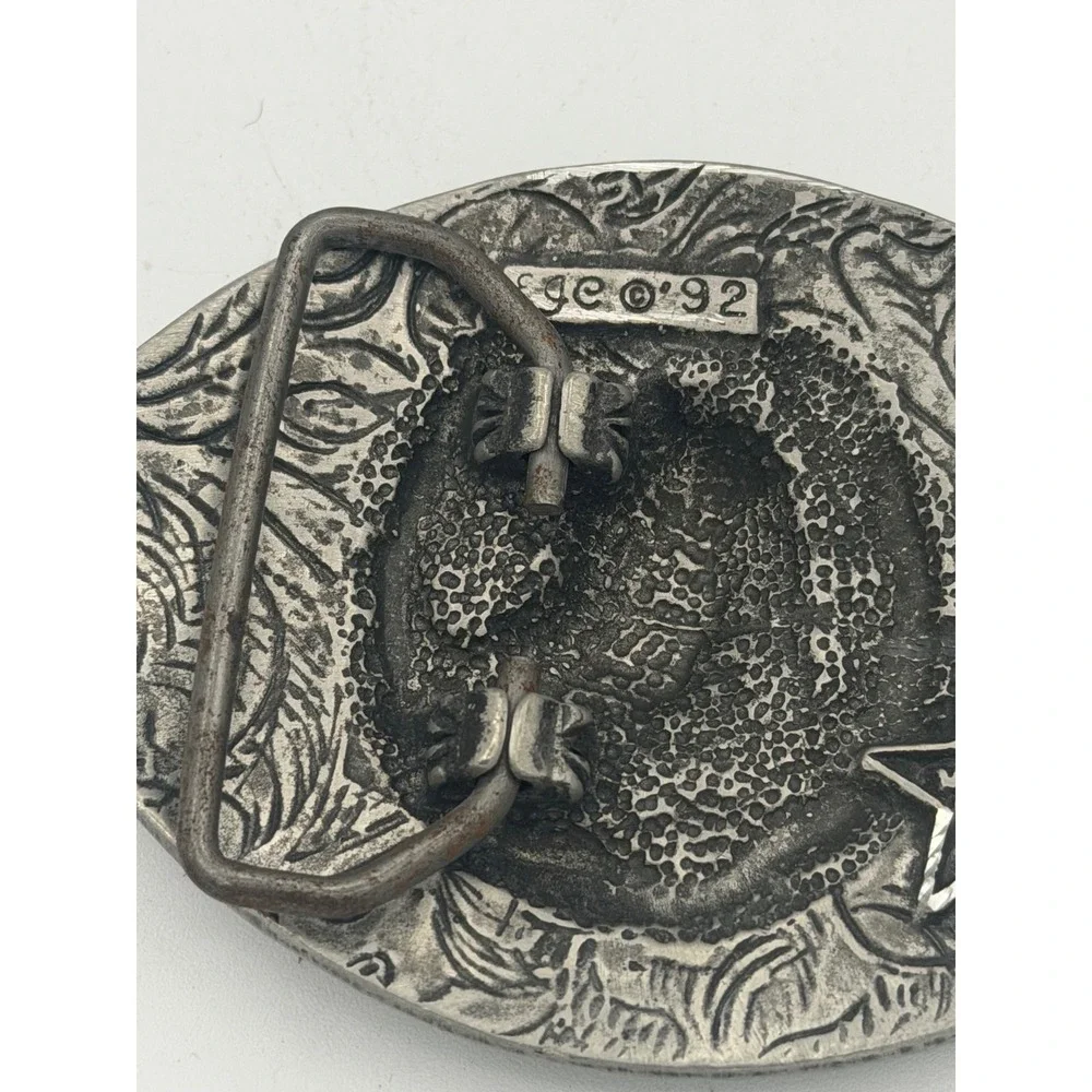 Vintage 1992 EGE Pewter Western Belt Buckle Horse Horseshoe Ornate Scroll USA